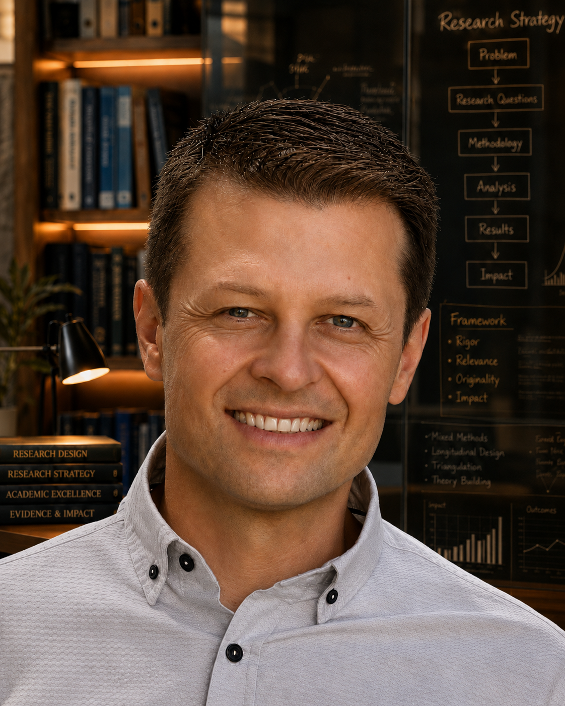 Daniel Marcon em seu escritório de consultoria acadêmica